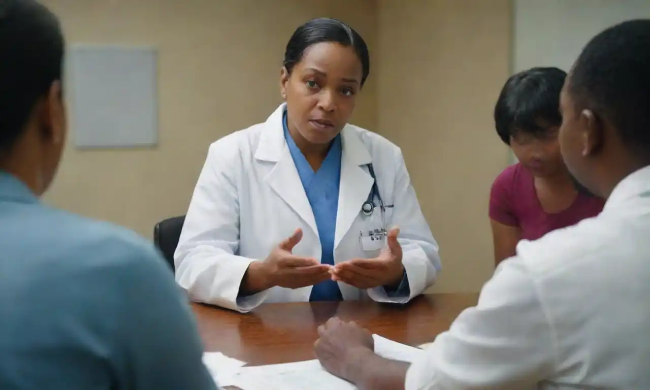 A diverse group of patients discussing treatment options with a healthcare professional in a clinic setting.