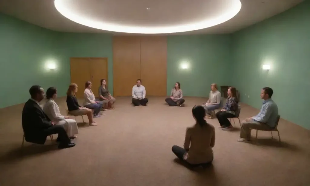 A calm mediation room with a facilitator guiding participants in a circle.