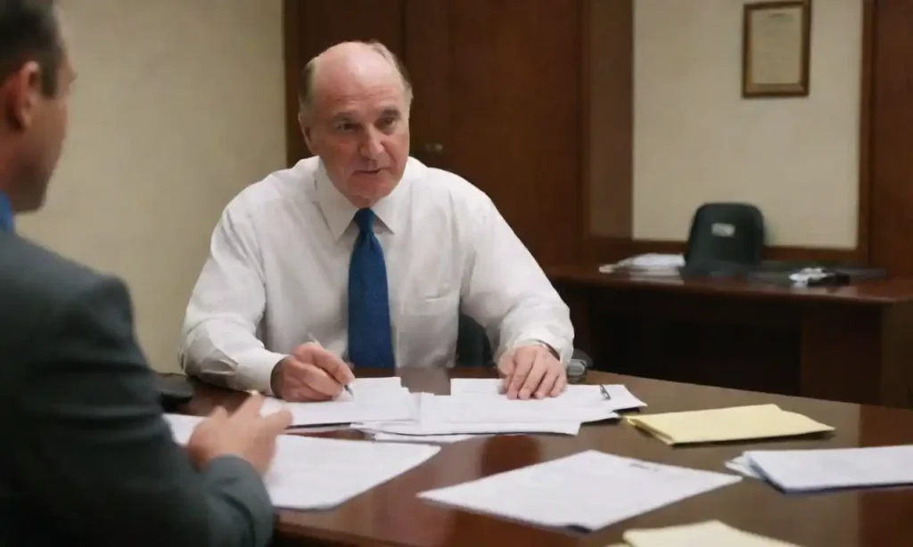 A lawyer discussing medical bills with a client in an office setting.