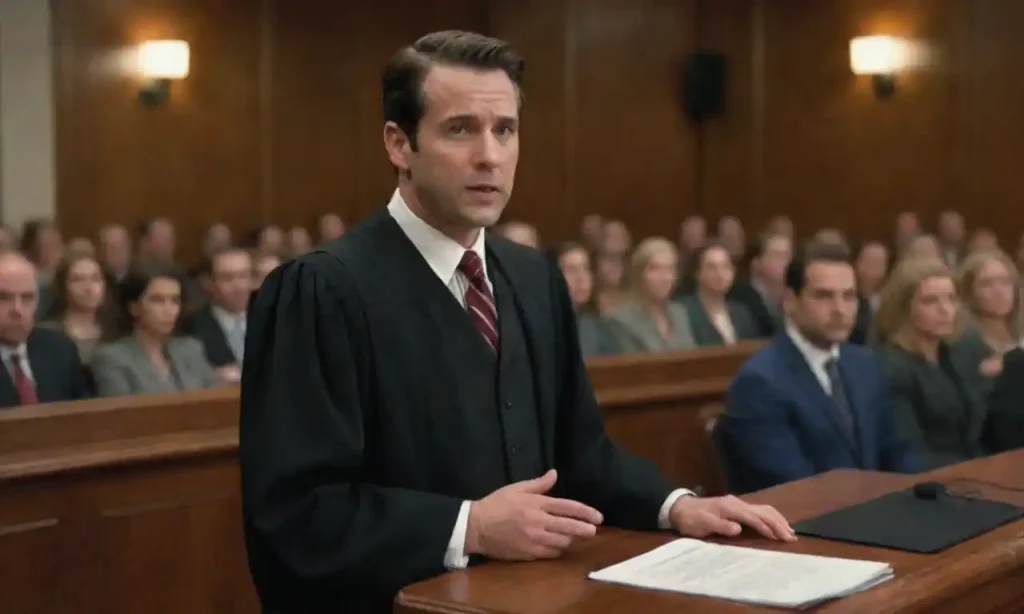 A lawyer confidently presenting a case in a courtroom filled with media and spectators.