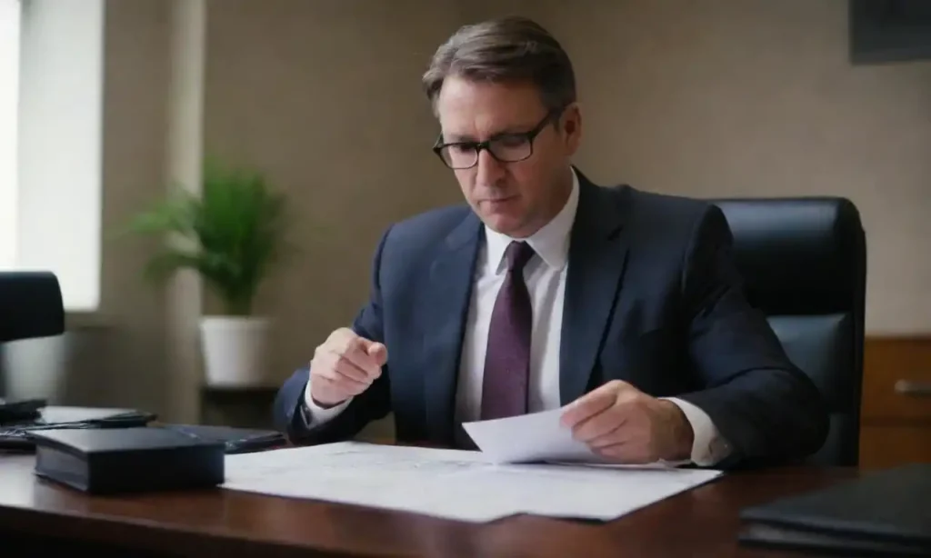 A lawyer examining accident reports and public documents in an office setting.