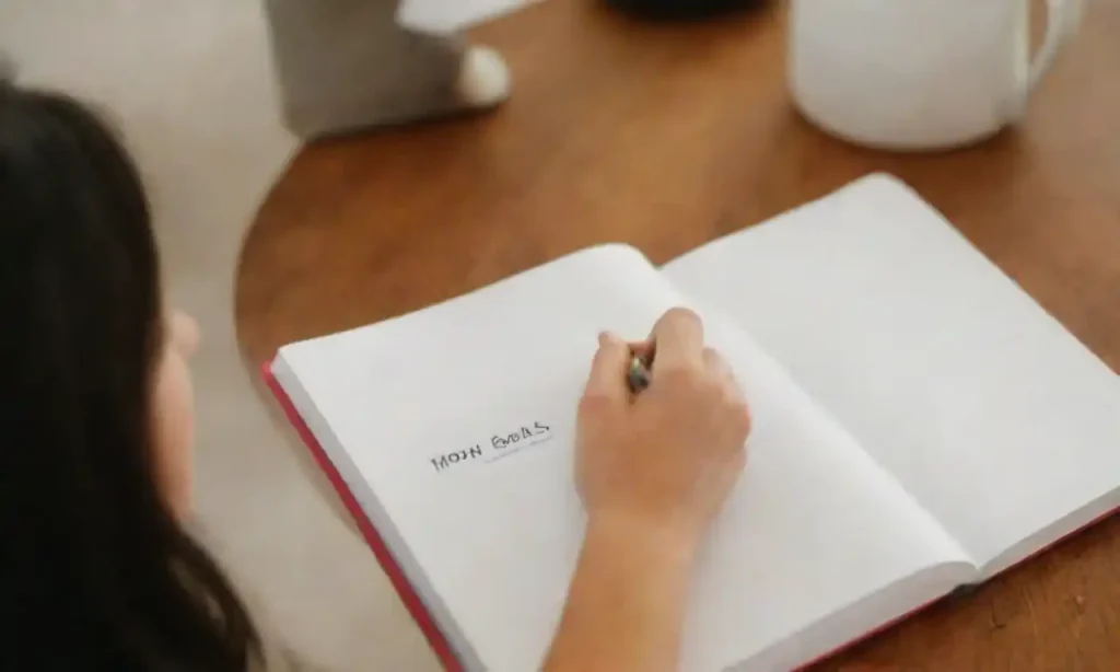 A person reflecting thoughtfully while writing goals in a journal