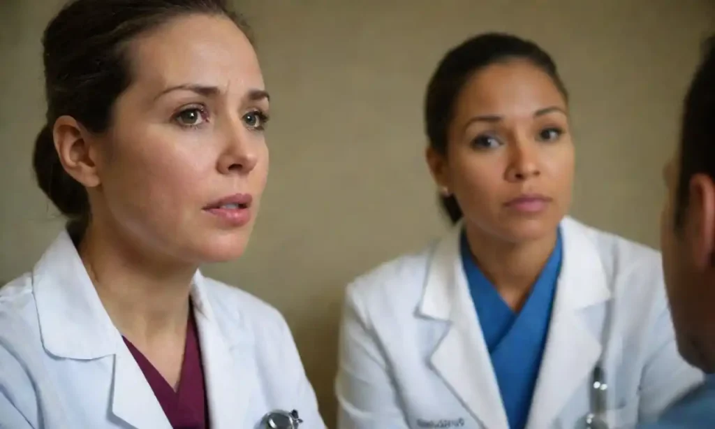 A healthcare professional listening attentively to a patient describing their injuries.