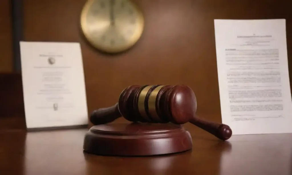 A gavel next to a legal document and a clock symbolizing delays in court.