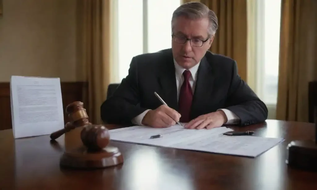 A lawyer analyzing a legal document with charts and gavel on the table.