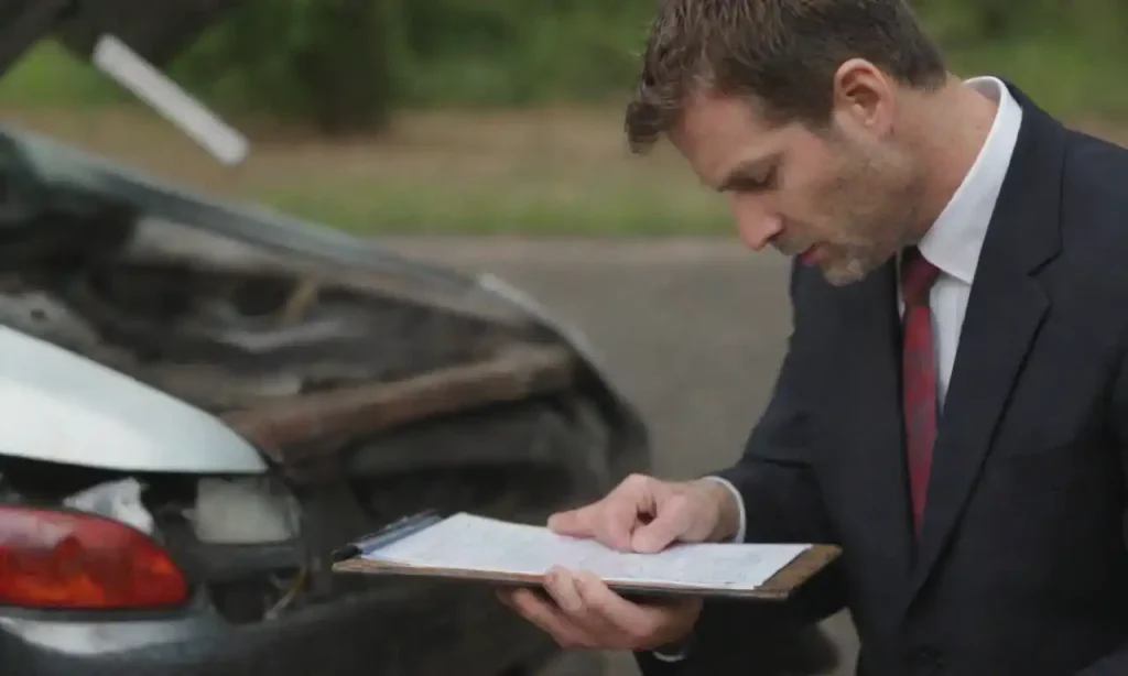 An insurance adjuster inspecting a damaged vehicle with tools and a clipboard.