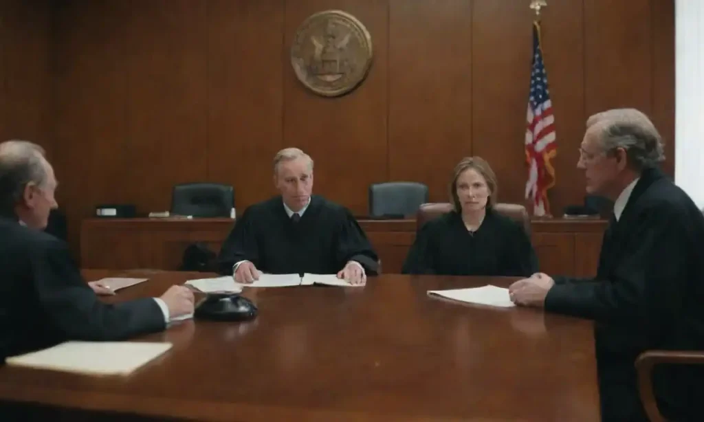 A courtroom scene with a judge