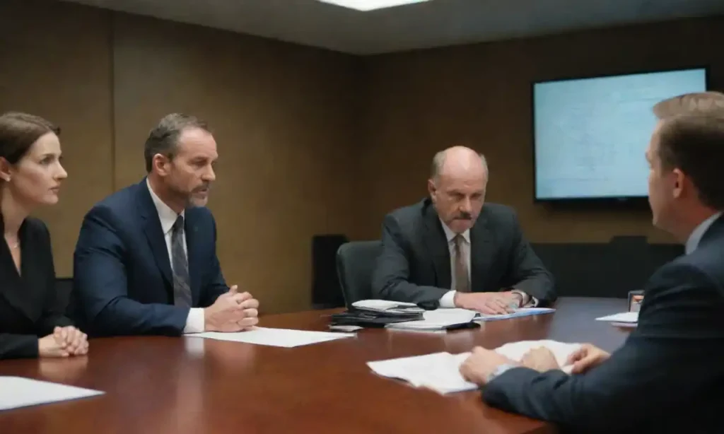 A team of investigators discussing evidence and ethics guidelines in a conference room.