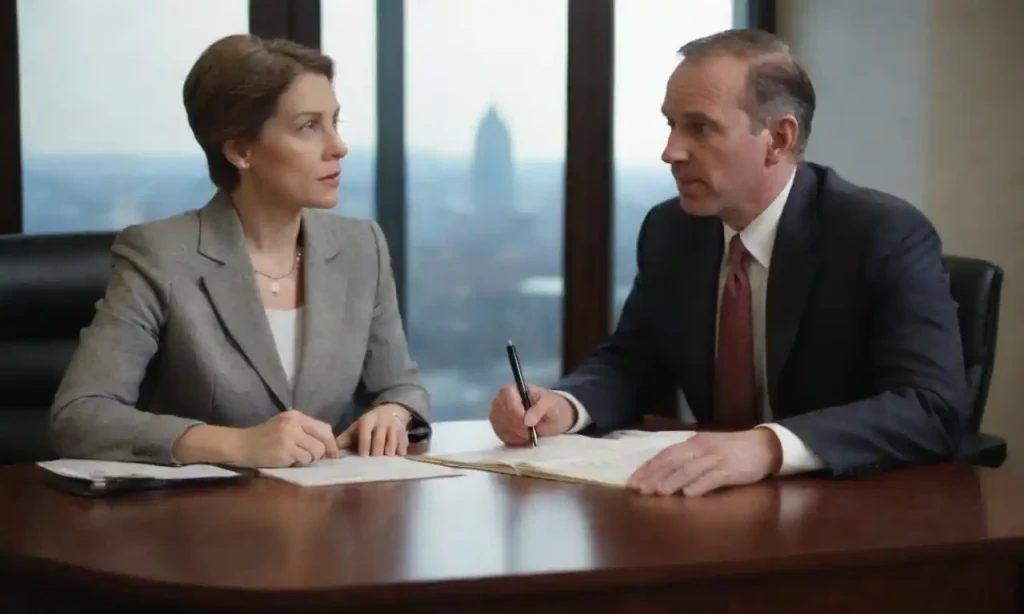 A person consulting with a land use attorney in an office setting.