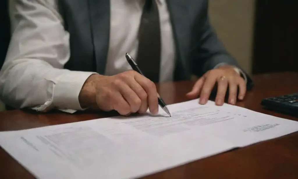 A person reviewing witness statements alongside legal documents in an office setting.