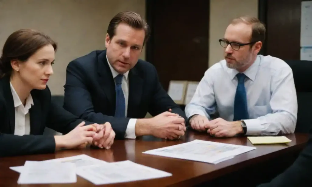 Lawyers discussing strategies at a meeting table with accountability charts and notes.