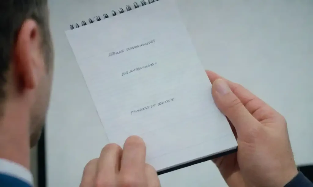 A person presenting key points on a notepad during a final presentation.