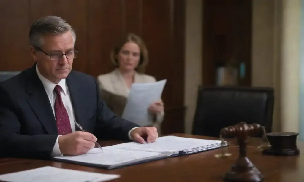 A lawyer analyzing documents with scales of justice in the background.