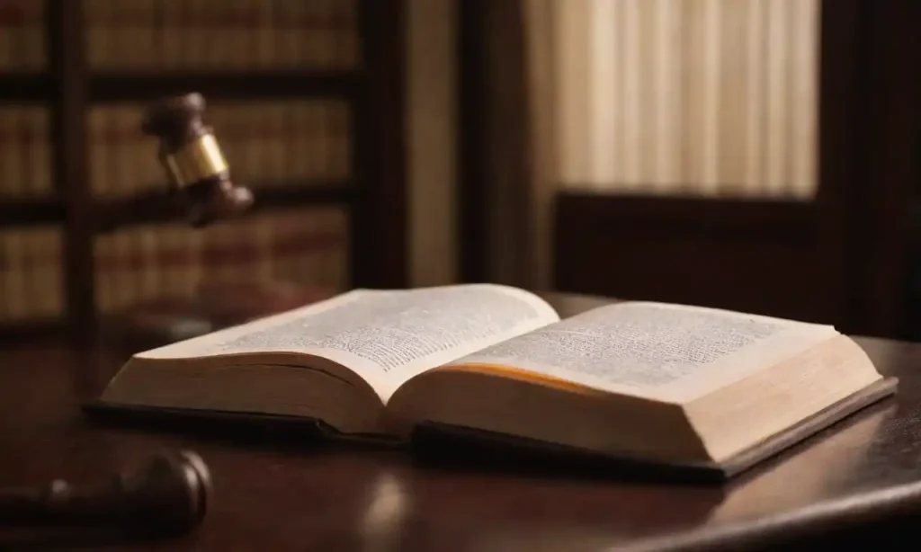 Open law book with highlighted sections and a gavel on a desk.