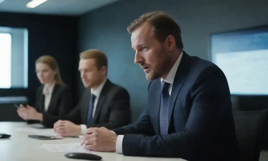 A group of professionals analyzing data and discussing strategies in a modern conference room.