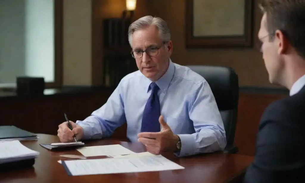 A lawyer discussing legal documents with a client in an office setting.