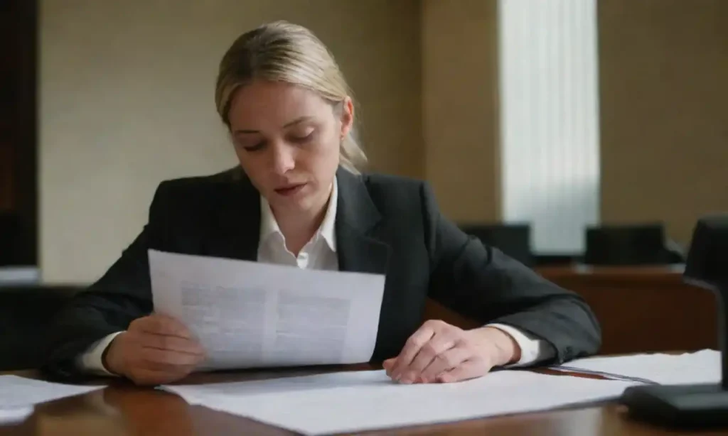 A person reviewing legal documents in an office setting.