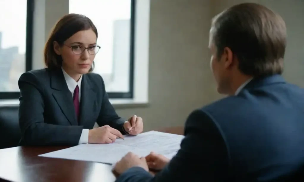 A person sitting at a table discussing documents with a lawyer in a professional office.