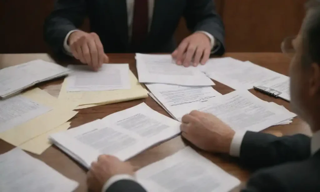 A person studying legal documents while surrounded by strategy notes and contingency plans.