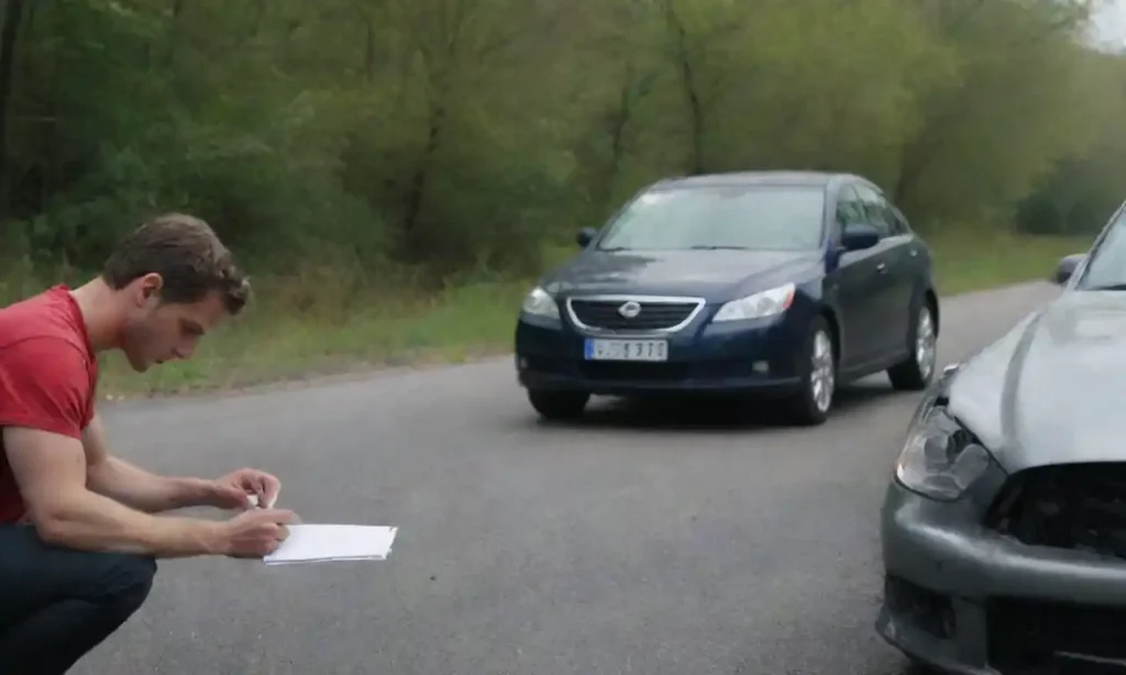 Individual assessing vehicle damage and taking notes at the scene of an accident.