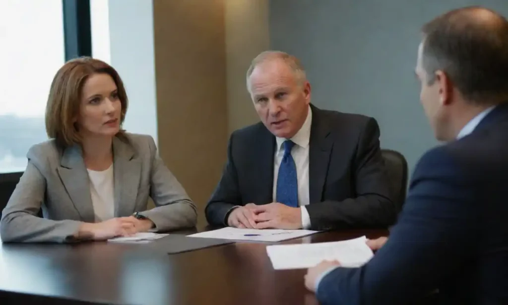 A business professional discussing terms at a table with a corporate representative.