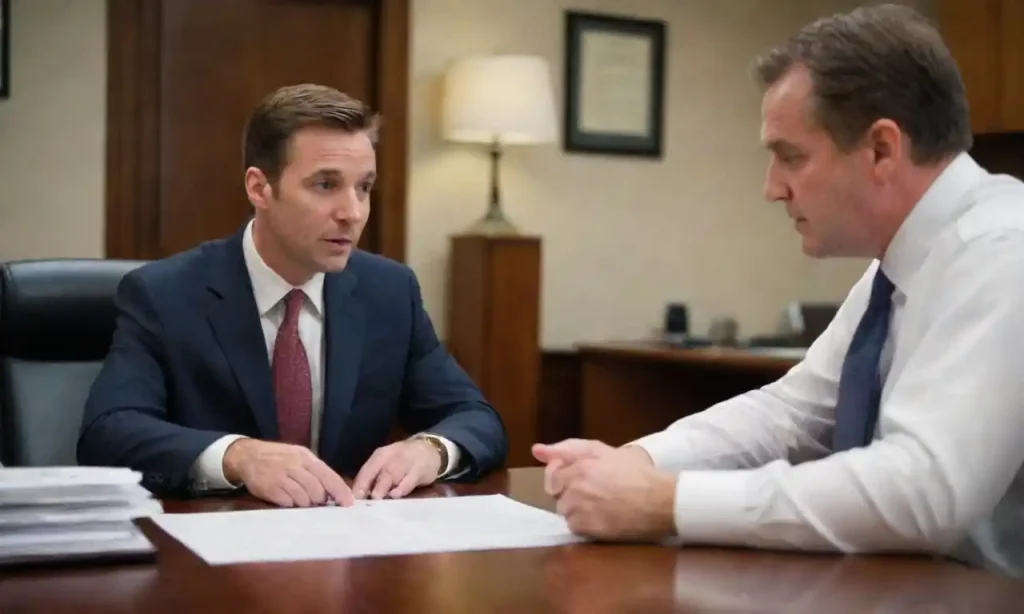 Client discussing documents with a lawyer in an office setting.